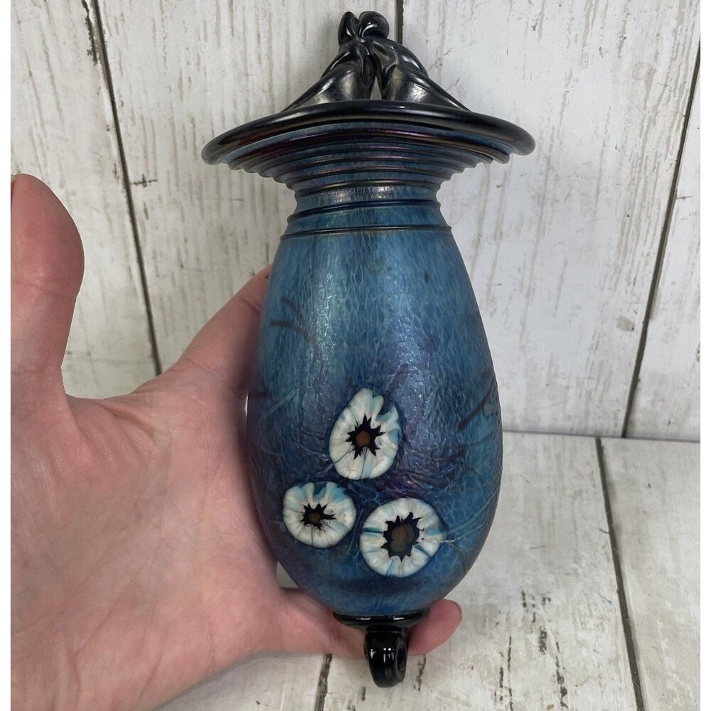 Herb A Thomas Iridescent Art Glass Wall Pocket Vase Millefiori Flowers Signed